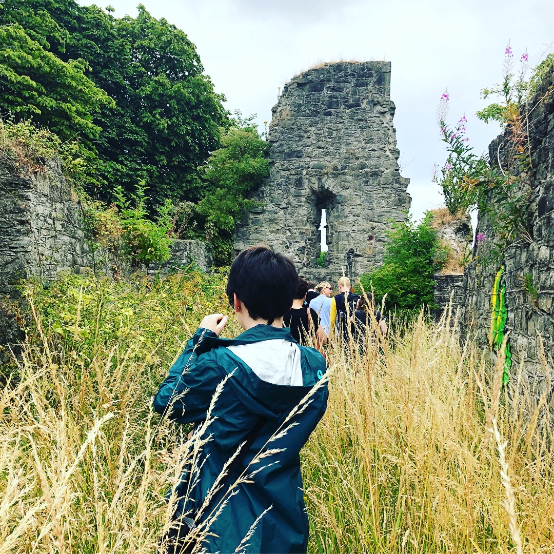 exploring the wall ruins of a castle whilst walking through nettles, Lucan, Ireland, Jul 2018